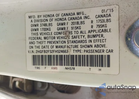 2015 Honda Civic Lx z USA, uszkodzony, nr VIN 2HGFB2F52FH524663